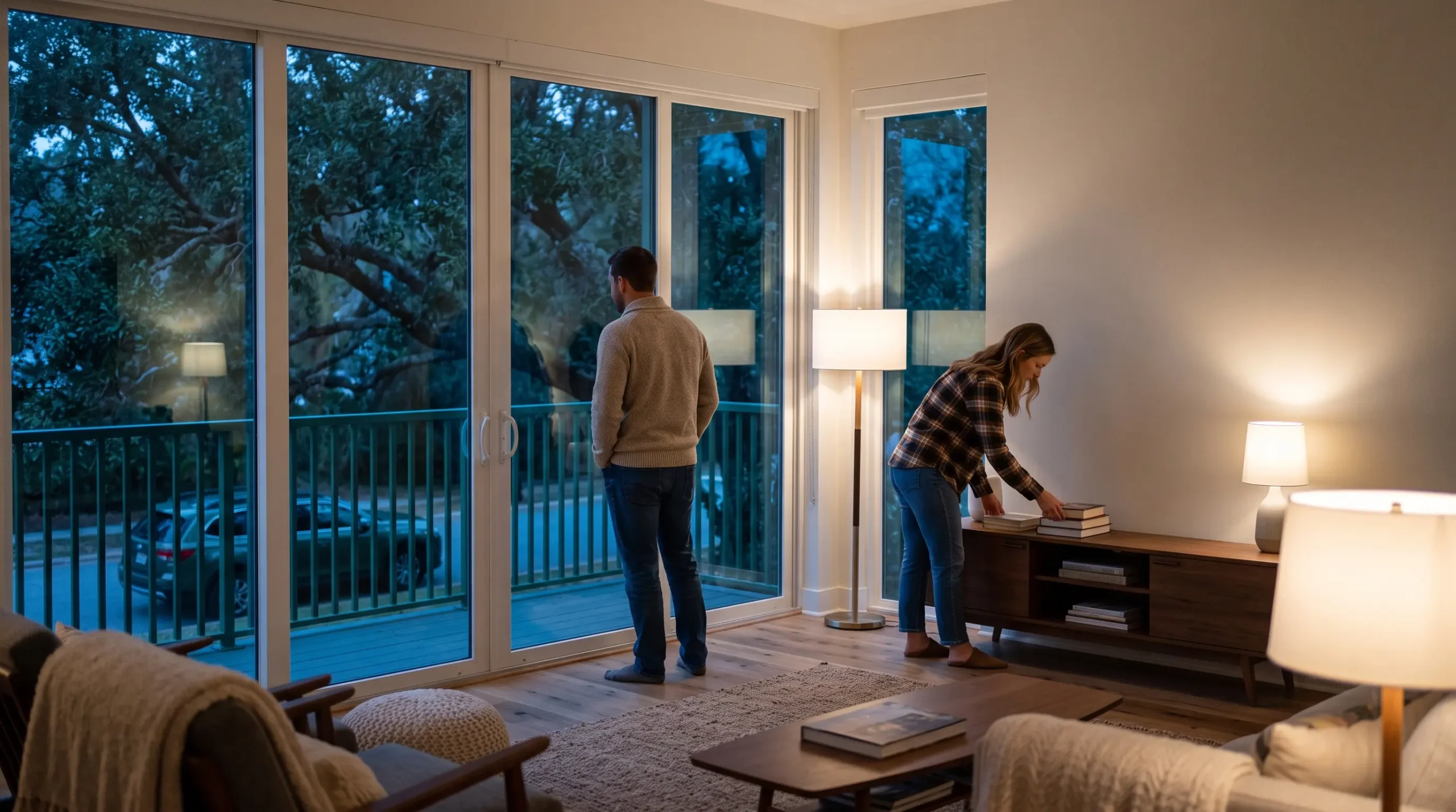 A man looks out glass balcony doors at dusk while a woman arranges books on a wooden console in a living room.