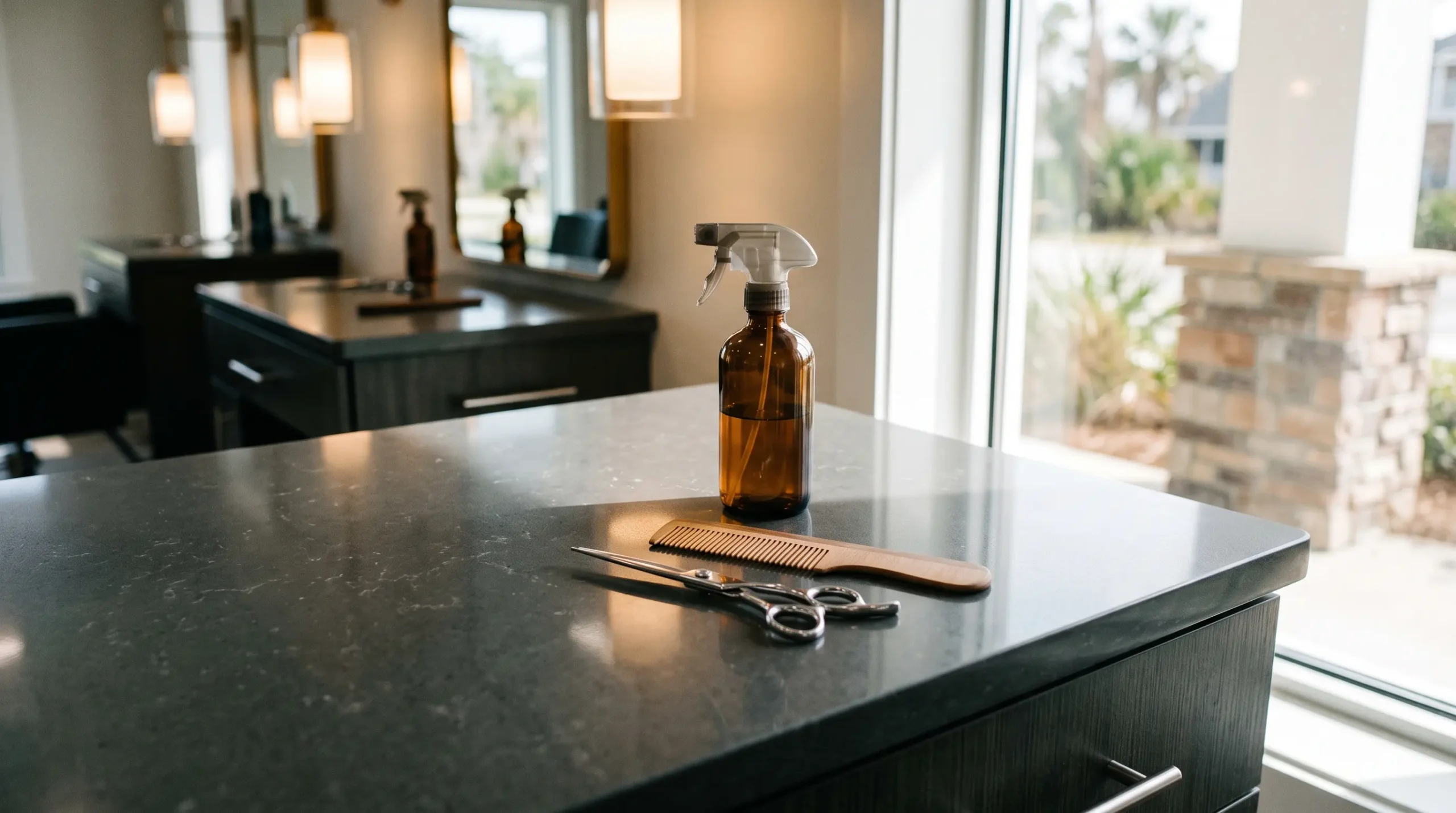 Hair shears, a wooden comb, and an amber spray bottle sit on a dark salon countertop near a window.